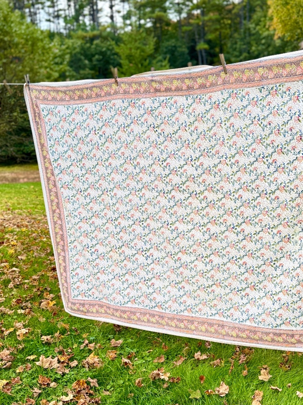 Pomegranate Block Printed Tablecloth 60 X 90 Cotton India Pink Blue Floral